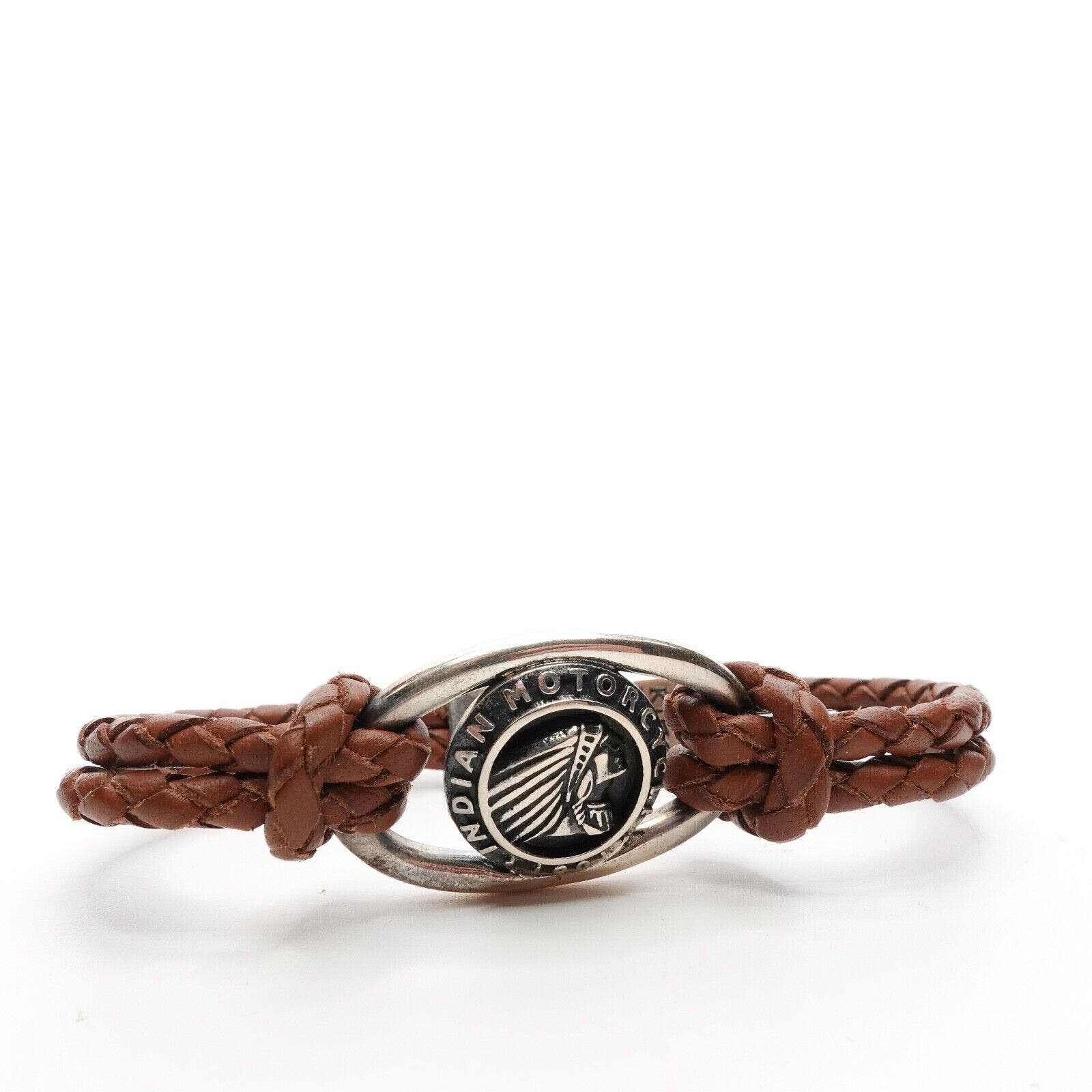 King Baby Double Brown Leather Braid Bracelet With Indian Icon Silver .925